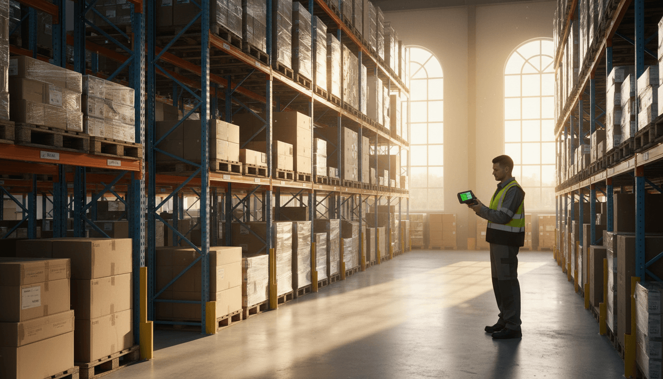 Warehouse worker scanning inventory on stocked shelves