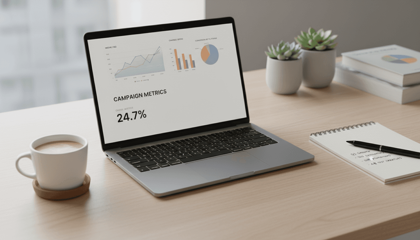 Laptop displaying marketing analytics charts on a clean desk