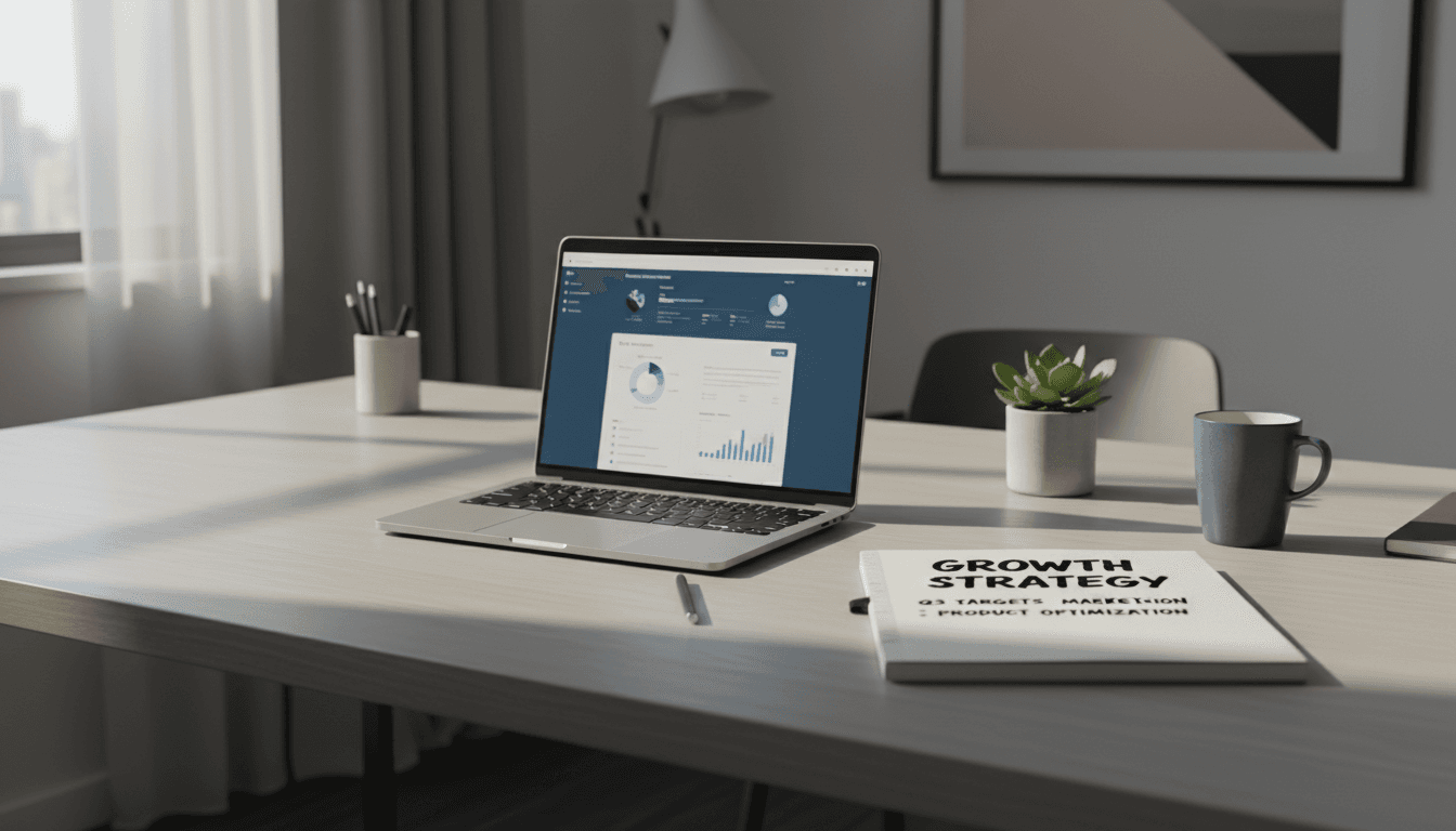 Workspace with laptop and e-commerce analytics dashboard