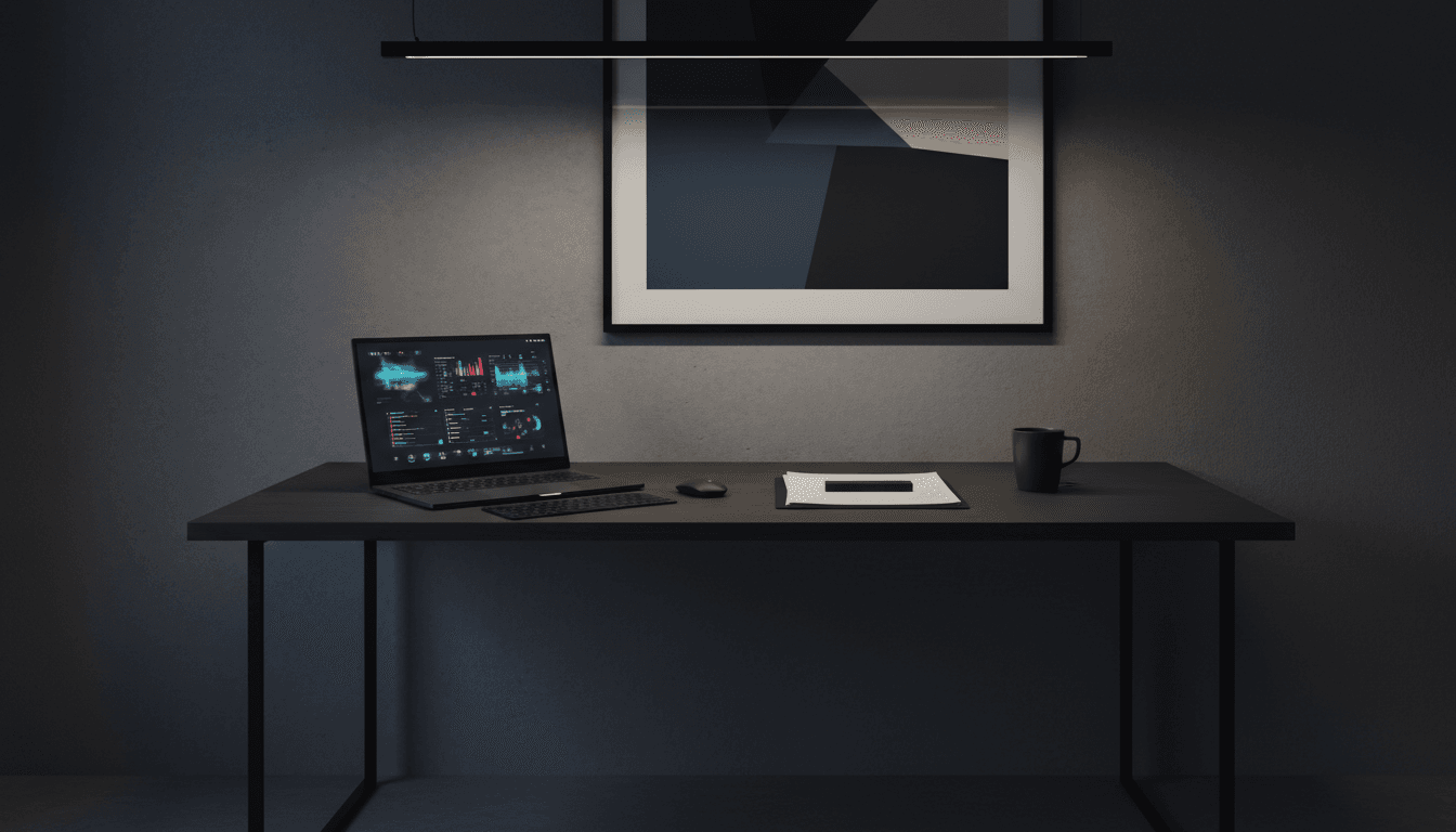 Modern office desk with laptop and documents in warm lighting