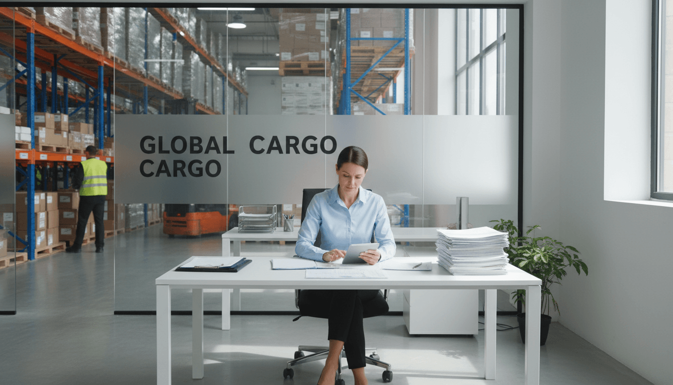 Professional reviewing shipping documents in a bright warehouse office