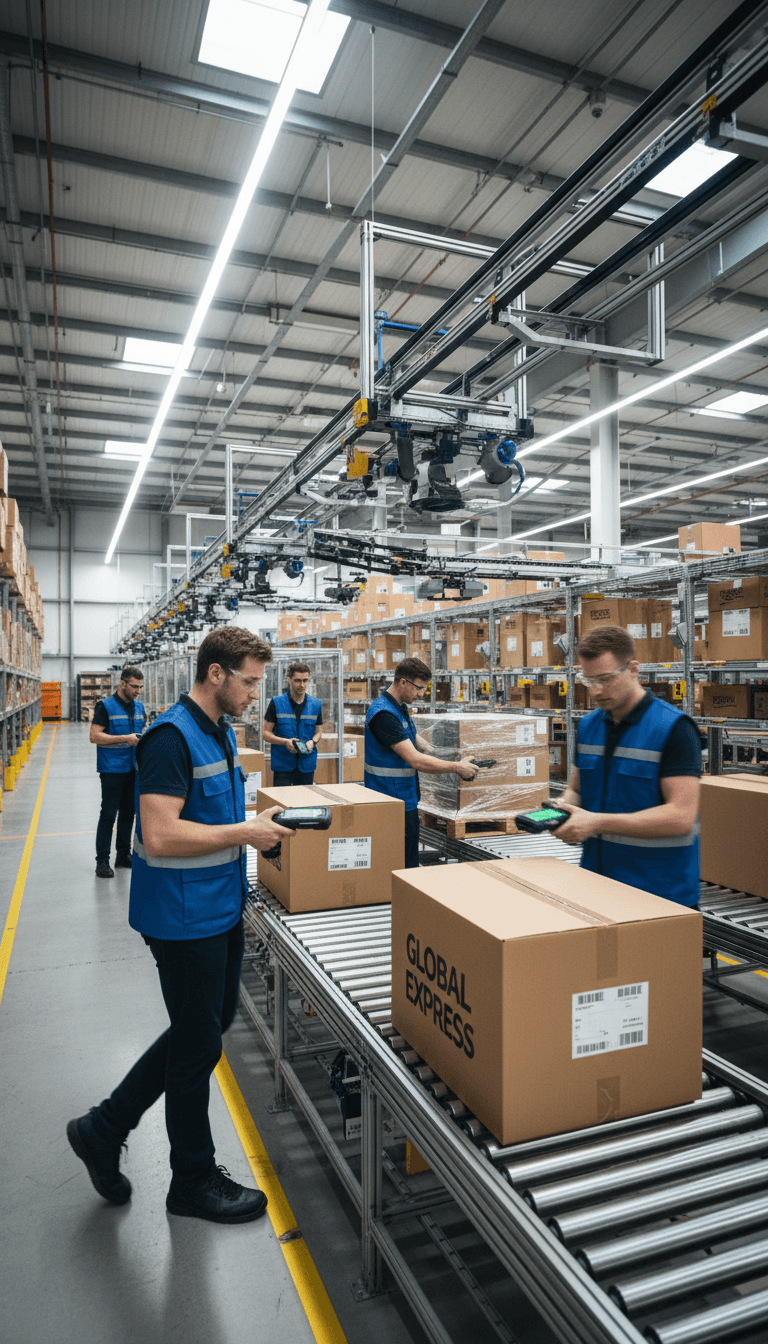 Workers processing shipping boxes in a fulfillment center