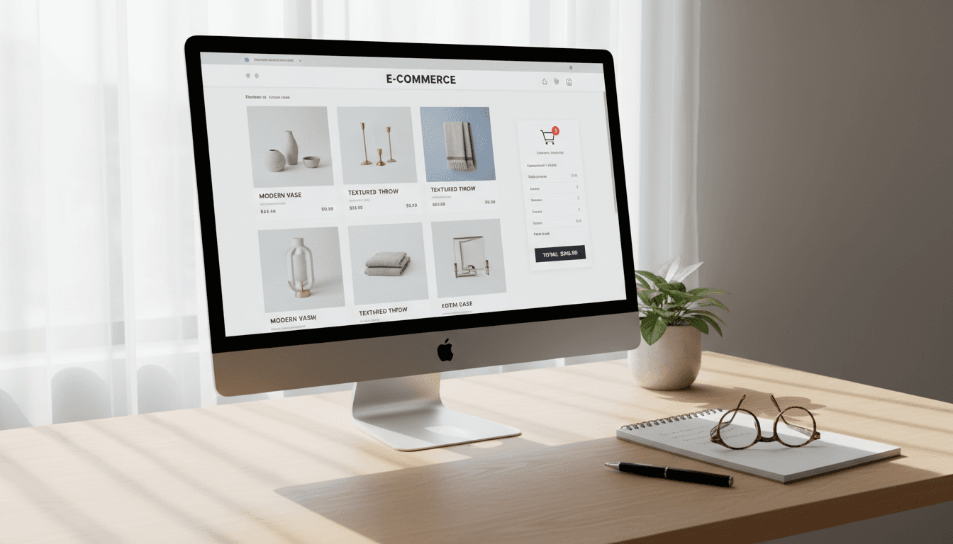 Desktop monitor showing an online store with product grid