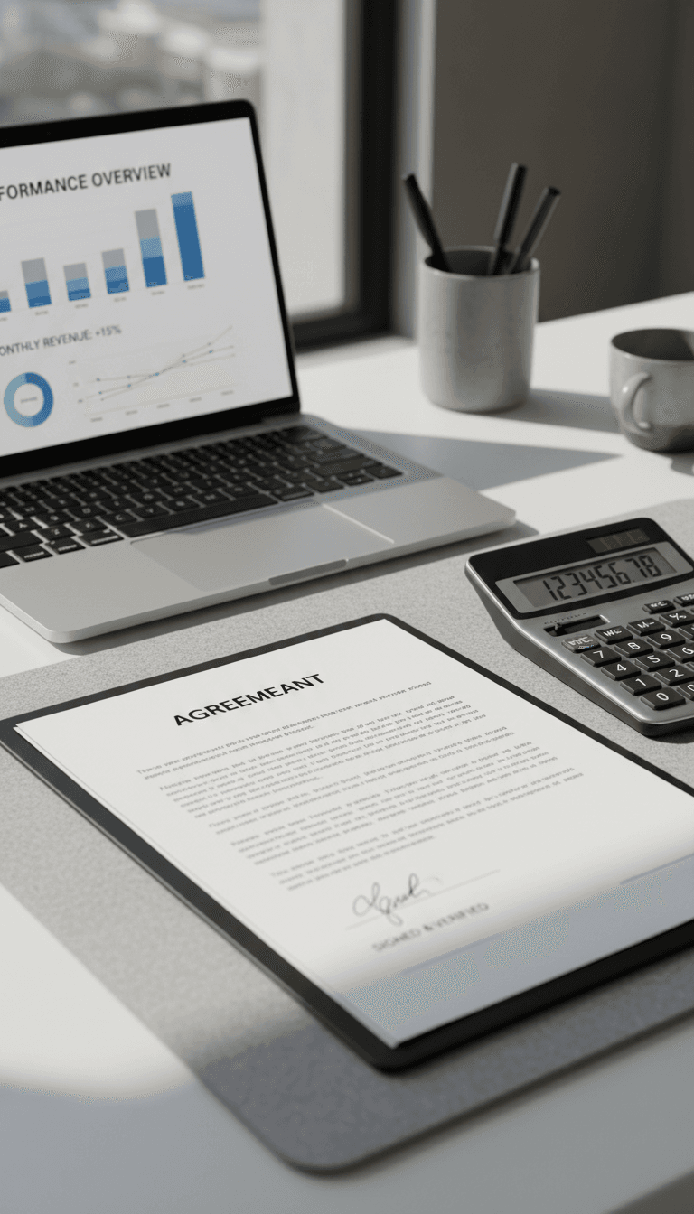 Signed contract and analytics dashboard on a desk