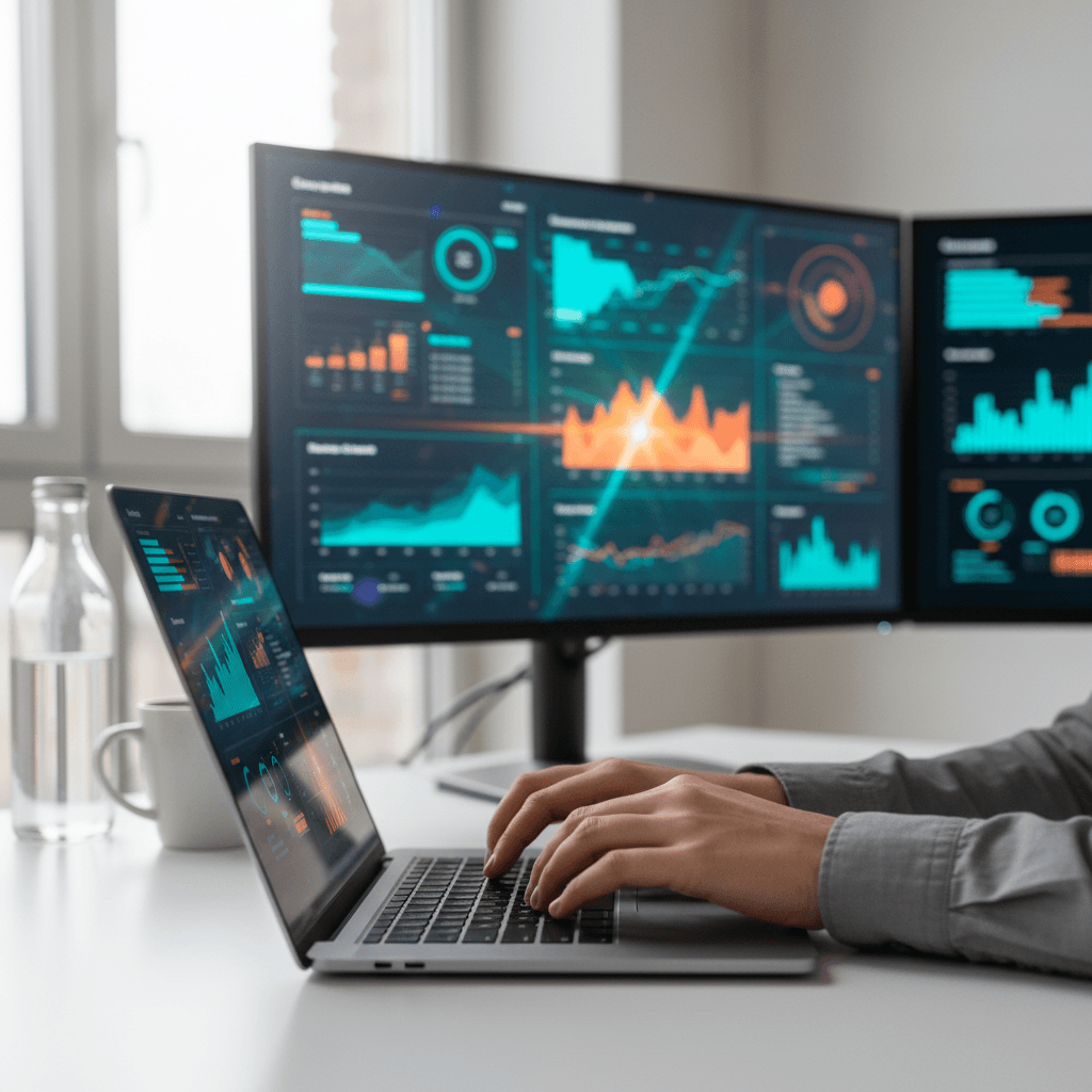 A desk with a laptop showing analytics charts and a notebook outlining a strategic plan