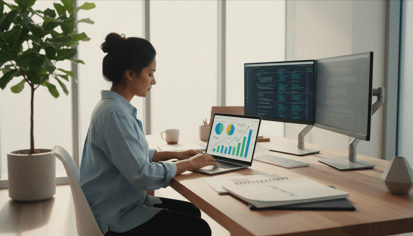 Laptop displaying analytics charts next to printed reports