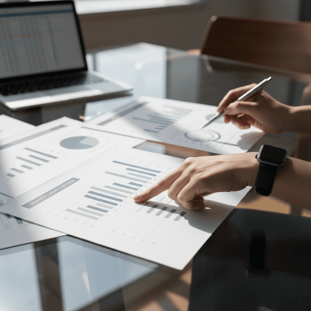 Professional consultant analyzing e-commerce performance data during a client meeting