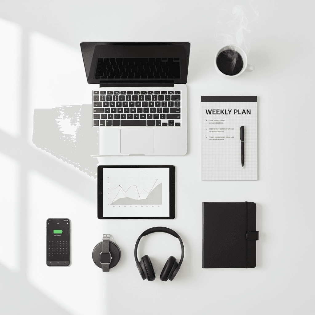 Neatly arranged desk with a laptop and organized paperwork