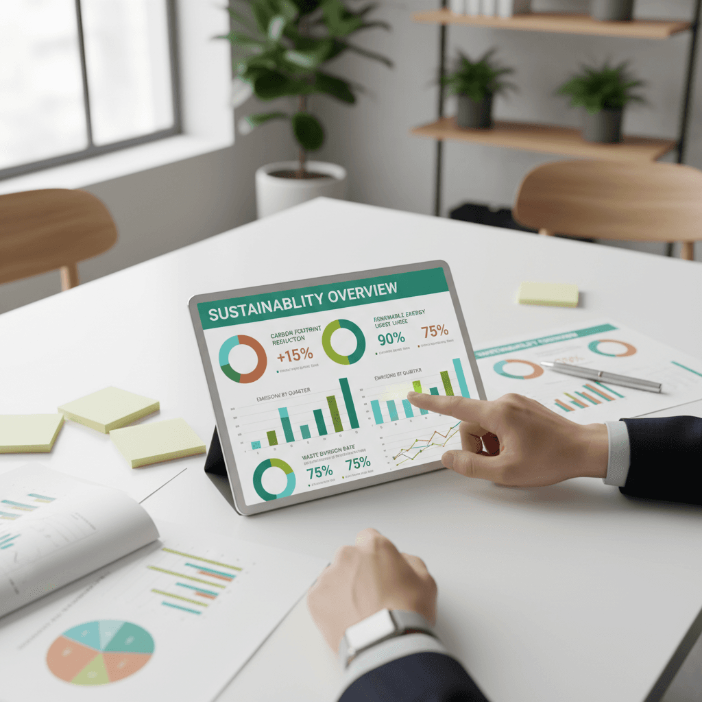 Tablet displaying a bar chart report on a desk